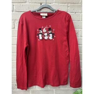 Vintage 90s Christmas Shirt Sz Large Red Cotton Blend Pullover Snowmen Snow Long